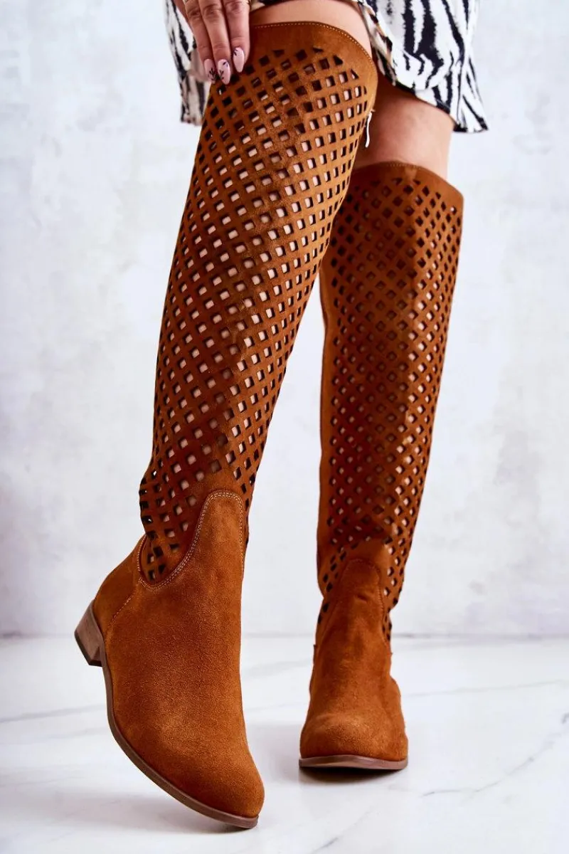 Outlet Zamszowe Kozaki Z Ażurowym Wzorem Rude Arinna Damskie Kozaki Wiosenne|Kozaki Ażurowe