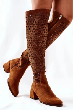 Kozaki Wiosenne|Kozaki Za Kolano></noscript>Boto Zamszowe Kozaki Z Ażurowym Wzorem Brązowe Hekilea