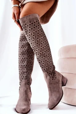 Zamszowe Kozaki Z Ażurowym Wzorem Jasnobrązowe Hekilea Damskie Kozaki Za Kolano|Kozaki Wiosenne