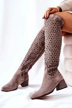 Zamszowe Kozaki Z Ażurowym Wzorem Jasnobrązowe Hekilea Damskie Kozaki Za Kolano|Kozaki Wiosenne