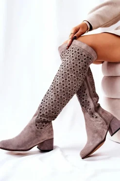 Zamszowe Kozaki Z Ażurowym Wzorem Jasnobrązowe Hekilea Damskie Kozaki Za Kolano|Kozaki Wiosenne