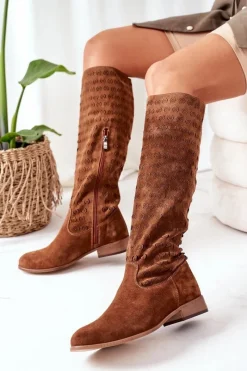 Kozaki Wiosenne|Kozaki Płaskie>Boto Zamszowe Kozaki Z Ażurowym Wzorem Brązowe Montana