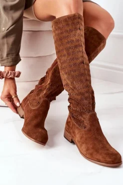 Kozaki Wiosenne|Kozaki Płaskie>Boto Zamszowe Kozaki Z Ażurowym Wzorem Brązowe Montana
