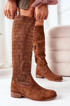 Kozaki Wiosenne|Kozaki Płaskie></noscript>Boto Zamszowe Kozaki Z Ażurowym Wzorem Brązowe Montana