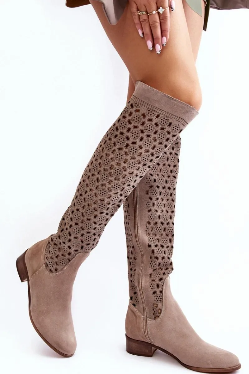 Muszkieterki|Kozaki Wiosenne>Boto Zamszowe Kozaki Z Ażurowym Wzorem Beżowe Pointe