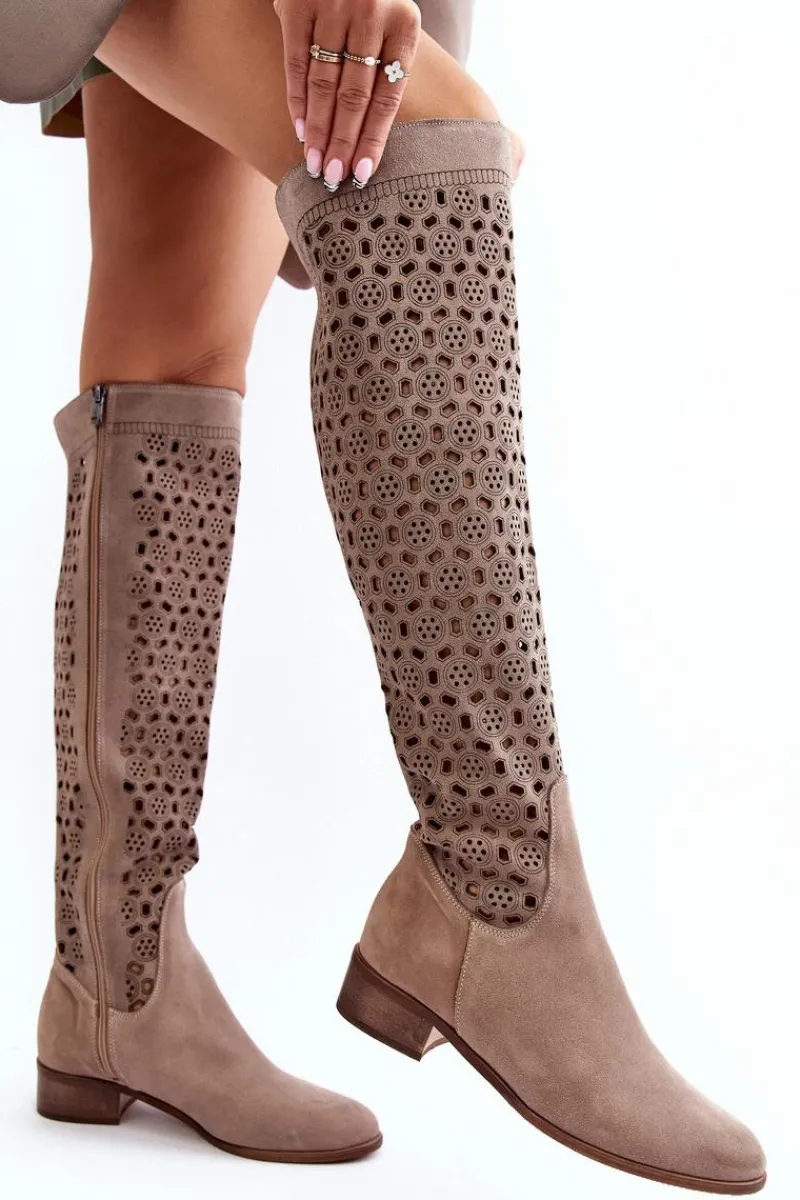 Muszkieterki|Kozaki Wiosenne>Boto Zamszowe Kozaki Z Ażurowym Wzorem Beżowe Pointe