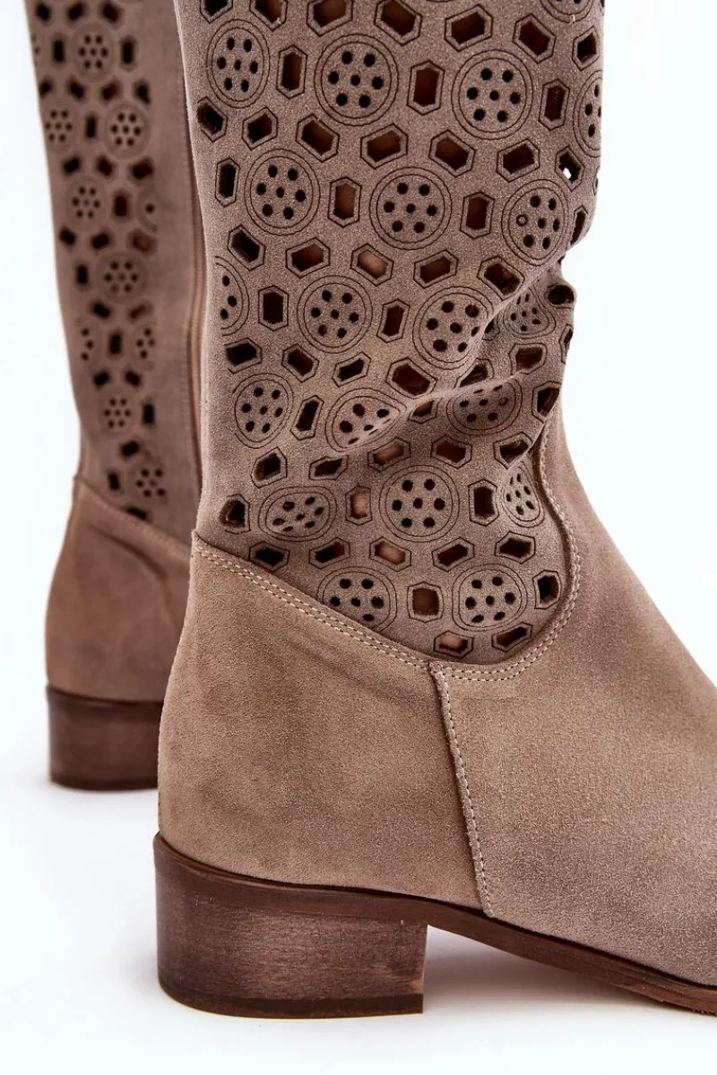 Muszkieterki|Kozaki Wiosenne>Boto Zamszowe Kozaki Z Ażurowym Wzorem Beżowe Pointe