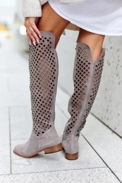 Clearance Boto Zamszowe Kozaki Z Ażurowym Wzorem Jasnobrązowe Arinna