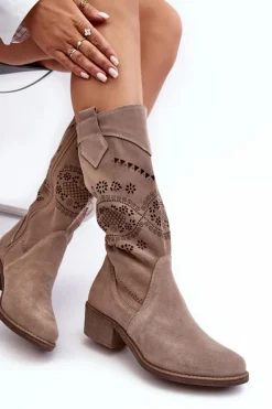 New Zamszowe Kozaki Z Ażurowym Wzorem Cappuccino Sierra Damskie Kozaki Wiosenne|Kozaki Ażurowe