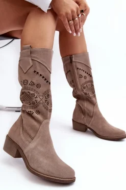 New Zamszowe Kozaki Z Ażurowym Wzorem Cappuccino Sierra Damskie Kozaki Wiosenne|Kozaki Ażurowe