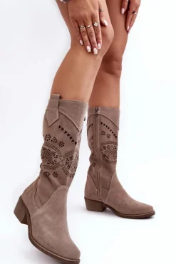 New Zamszowe Kozaki Z Ażurowym Wzorem Cappuccino Sierra Damskie Kozaki Wiosenne|Kozaki Ażurowe