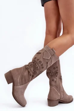 New Zamszowe Kozaki Z Ażurowym Wzorem Cappuccino Sierra Damskie Kozaki Wiosenne|Kozaki Ażurowe