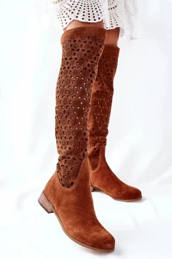 Kozaki Wiosenne|Kozaki Za Kolano></noscript>Boto Zamszowe Kozaki Z Ażurowym Wzorem Brązowe Pointe