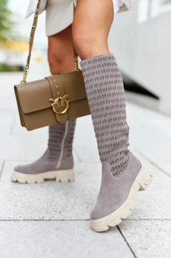 Clearance Zamszowe Kozaki Z Ażurowym Wzorem Jasnobrązowe Eldime Damskie Kozaki Wiosenne|Kozaki Ażurowe