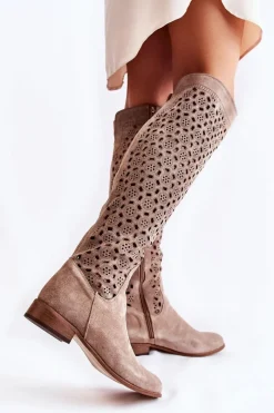 Discount Boto Zamszowe Kozaki Z Ażurowym Wzorem Ciemnobeżowe Pointe