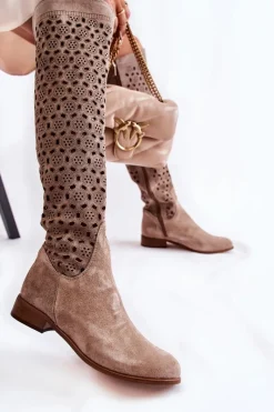 Discount Boto Zamszowe Kozaki Z Ażurowym Wzorem Ciemnobeżowe Pointe