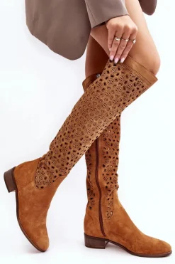 Online Boto Zamszowe Kozaki Z Ażurowym Wzorem Camel Pointe