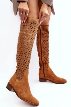 Online Boto Zamszowe Kozaki Z Ażurowym Wzorem Camel Pointe