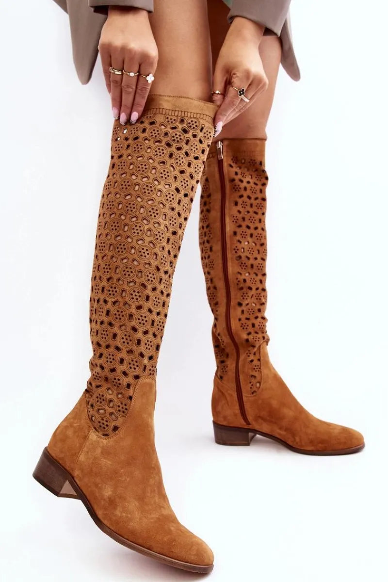 Online Boto Zamszowe Kozaki Z Ażurowym Wzorem Camel Pointe
