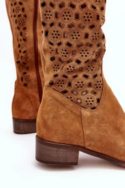 Online Boto Zamszowe Kozaki Z Ażurowym Wzorem Camel Pointe