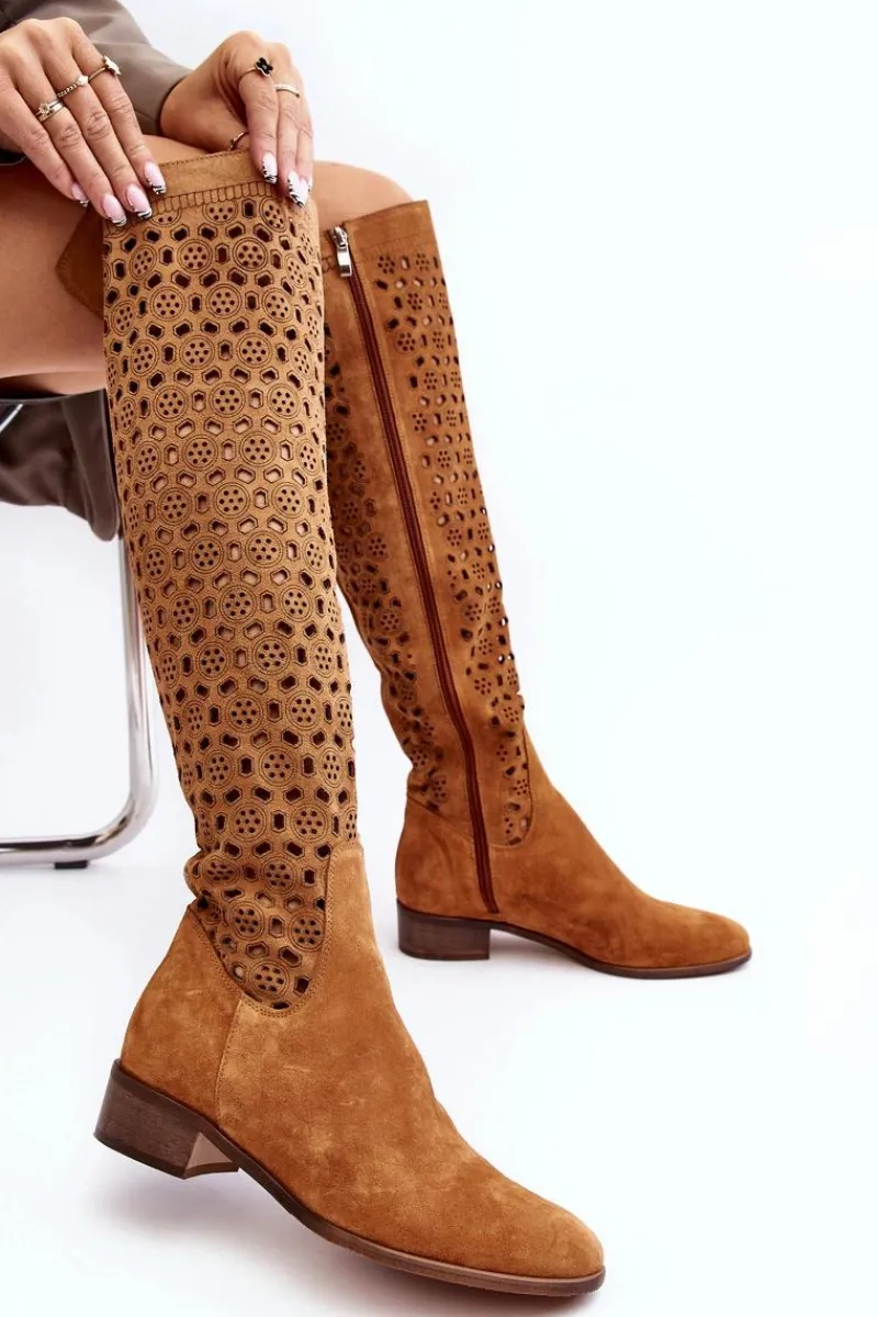 Online Boto Zamszowe Kozaki Z Ażurowym Wzorem Camel Pointe
