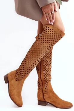 Sale Zamszowe Kozaki Z Ażurowym Wzorem Camel Arinna Damskie Muszkieterki|Kozaki Wiosenne