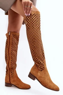 Sale Zamszowe Kozaki Z Ażurowym Wzorem Camel Arinna Damskie Muszkieterki|Kozaki Wiosenne
