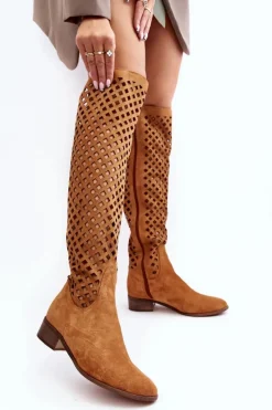 Sale Zamszowe Kozaki Z Ażurowym Wzorem Camel Arinna Damskie Muszkieterki|Kozaki Wiosenne