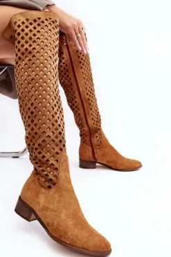 Sale Zamszowe Kozaki Z Ażurowym Wzorem Camel Arinna Damskie Muszkieterki|Kozaki Wiosenne