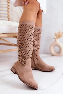 New Zamszowe Kozaki Z Ażurowym Wzorem Beżowe Darnell Damskie Kozaki Wiosenne|Kozaki Płaskie
