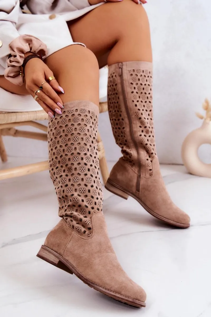 New Zamszowe Kozaki Z Ażurowym Wzorem Beżowe Darnell Damskie Kozaki Wiosenne|Kozaki Płaskie