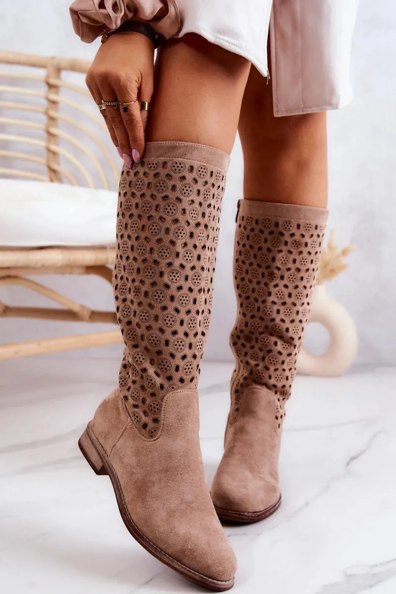New Zamszowe Kozaki Z Ażurowym Wzorem Beżowe Darnell Damskie Kozaki Wiosenne|Kozaki Płaskie