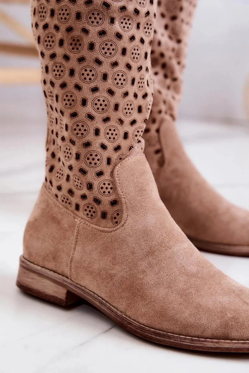 New Zamszowe Kozaki Z Ażurowym Wzorem Beżowe Darnell Damskie Kozaki Wiosenne|Kozaki Płaskie