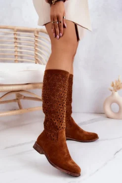 Kozaki Wiosenne|Kozaki Płaskie></noscript>Damskie buty S.Barski Zamszowe Kozaki Z Ażurowym Wzorem Camel Darnell