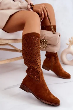 Kozaki Wiosenne|Kozaki Płaskie></noscript>Damskie buty S.Barski Zamszowe Kozaki Z Ażurowym Wzorem Camel Darnell