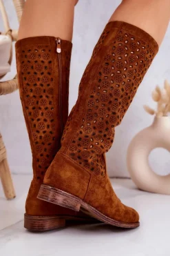 Kozaki Wiosenne|Kozaki Płaskie></noscript>Damskie buty S.Barski Zamszowe Kozaki Z Ażurowym Wzorem Camel Darnell