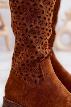 Kozaki Wiosenne|Kozaki Płaskie></noscript>Damskie buty S.Barski Zamszowe Kozaki Z Ażurowym Wzorem Camel Darnell