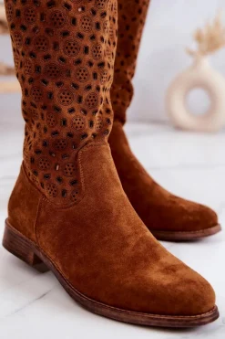 Kozaki Wiosenne|Kozaki Płaskie></noscript>Damskie buty S.Barski Zamszowe Kozaki Z Ażurowym Wzorem Camel Darnell