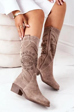 Hot Zamszowe Kozaki Z Ażurowym Wzorem Cappuccino Sierra Damskie Kozaki Wiosenne|Kozaki Płaskie