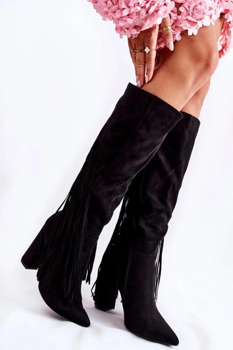 Kozaki Na Słupku|Kozaki Wiosenne>Boto Zamszowe Kozaki Z Frędzlami Czarne Avilla