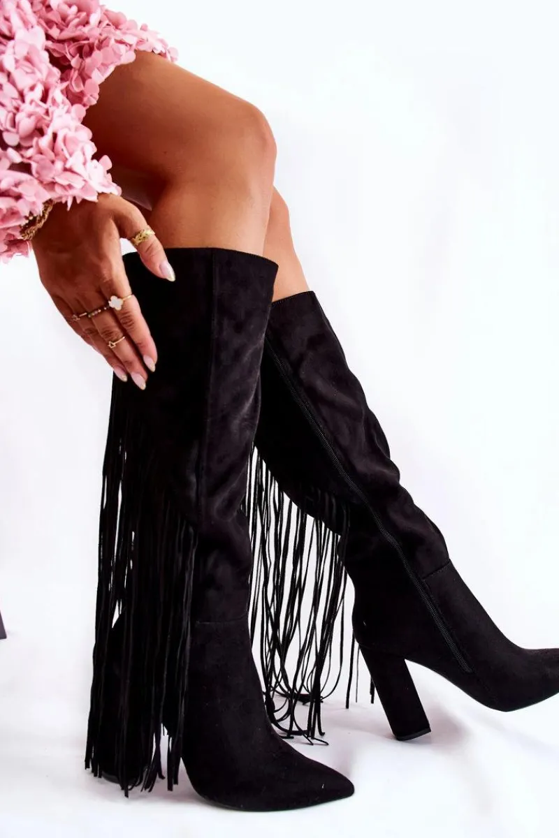 Kozaki Na Słupku|Kozaki Wiosenne>Boto Zamszowe Kozaki Z Frędzlami Czarne Avilla