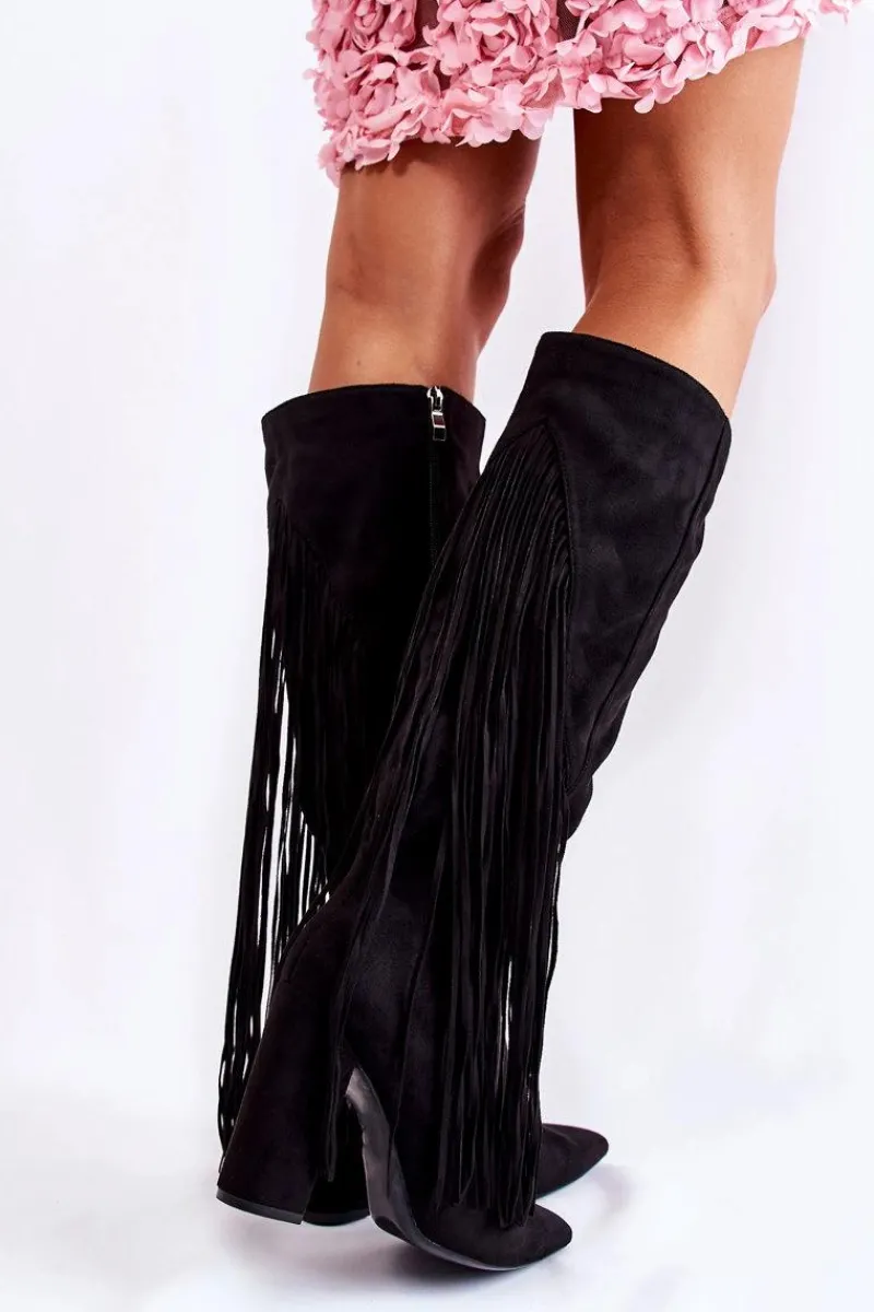 Kozaki Na Słupku|Kozaki Wiosenne>Boto Zamszowe Kozaki Z Frędzlami Czarne Avilla