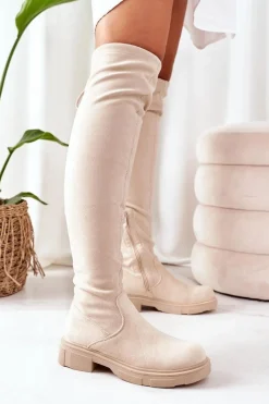 Clearance Zamszowe Kozaki Za Kolano Beżowe Selina Damskie Kozaki Wiosenne|Kozaki Płaskie