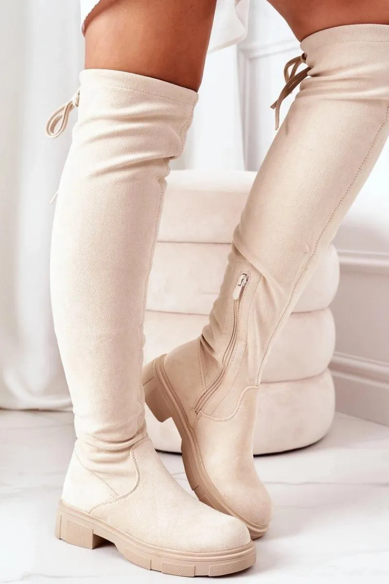 Clearance Zamszowe Kozaki Za Kolano Beżowe Selina Damskie Kozaki Wiosenne|Kozaki Płaskie