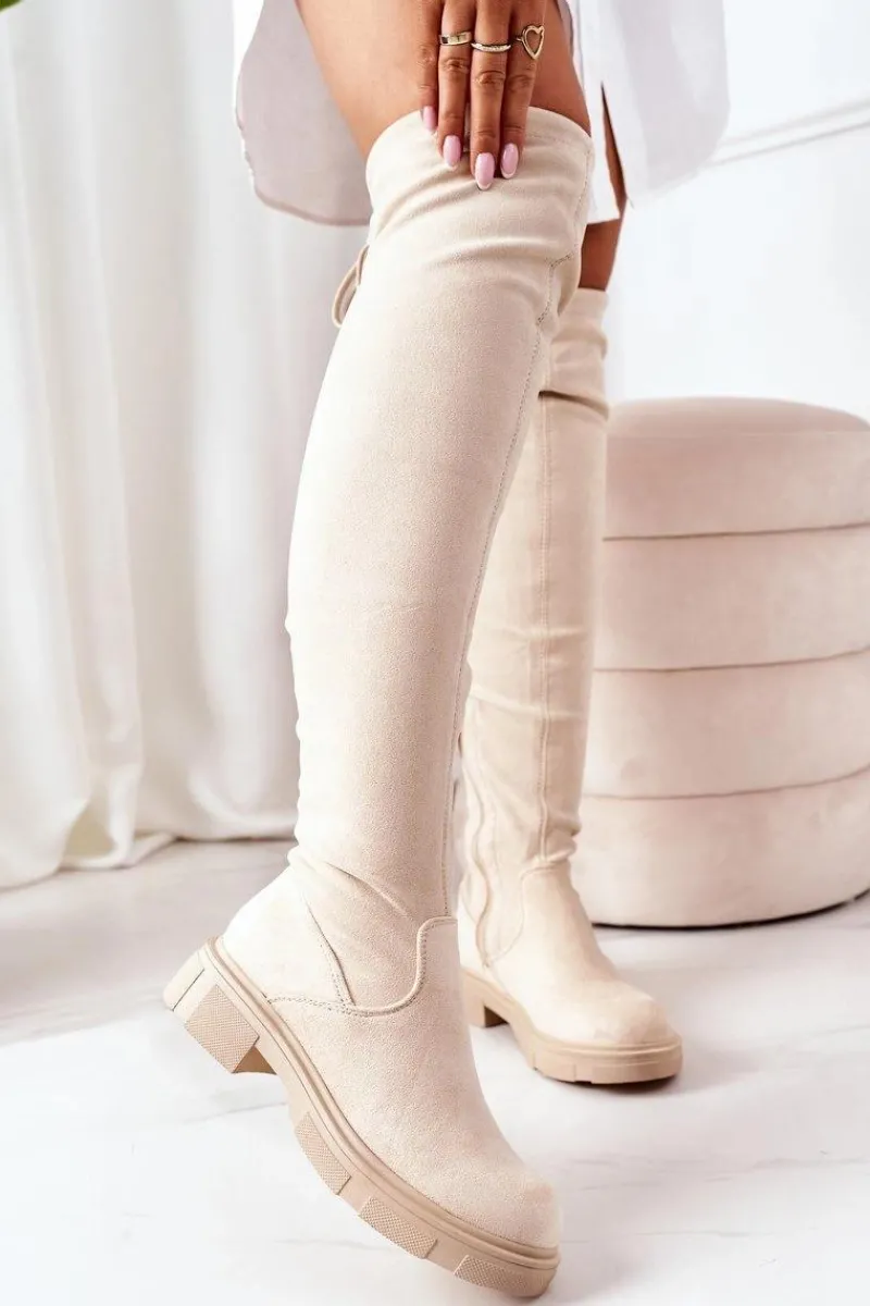 Clearance Zamszowe Kozaki Za Kolano Beżowe Selina Damskie Kozaki Wiosenne|Kozaki Płaskie