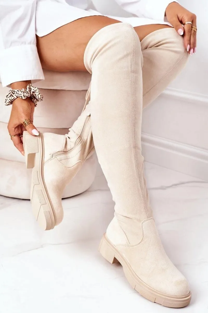 Clearance Zamszowe Kozaki Za Kolano Beżowe Selina Damskie Kozaki Wiosenne|Kozaki Płaskie