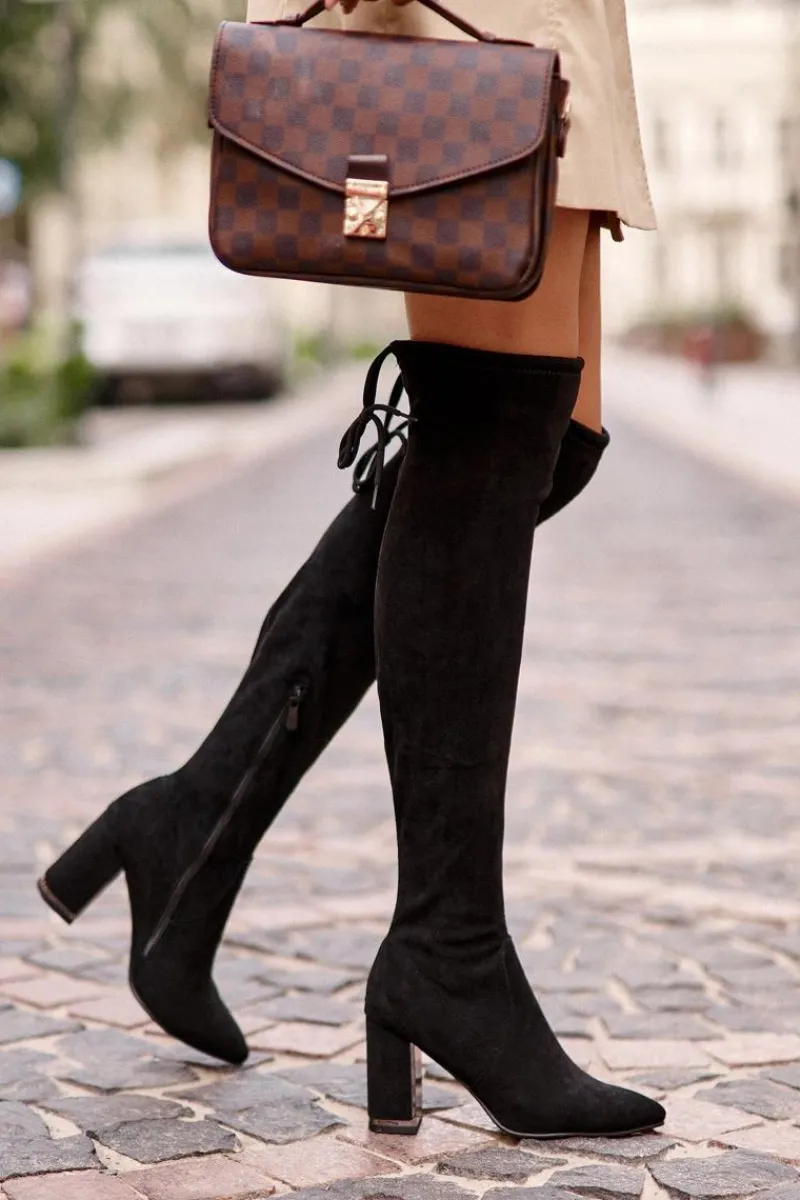 New Boto Zamszowe Kozaki Za Kolano Na Słupku Czarne Amalitas