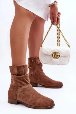 Clearance Zamszowe Marszczone Botki Na Płaskim Obcasie Brązowe Manuvia Damskie Botki Wiosenne|Brązowe I Beżowe Botki