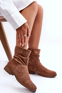 Clearance Zamszowe Marszczone Botki Na Płaskim Obcasie Brązowe Manuvia Damskie Botki Wiosenne|Brązowe I Beżowe Botki