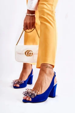 Sale Boto Zamszowe Modne Czółenka Sandały Z Kryształkami Granatowe Nolissa